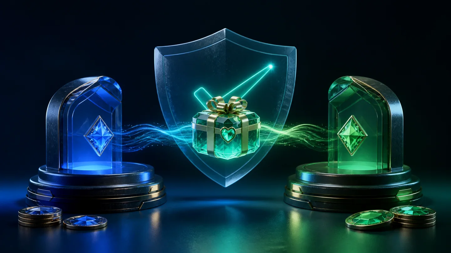 A green crystal gift moving securely between two marketplace pedestals behind a glass shield