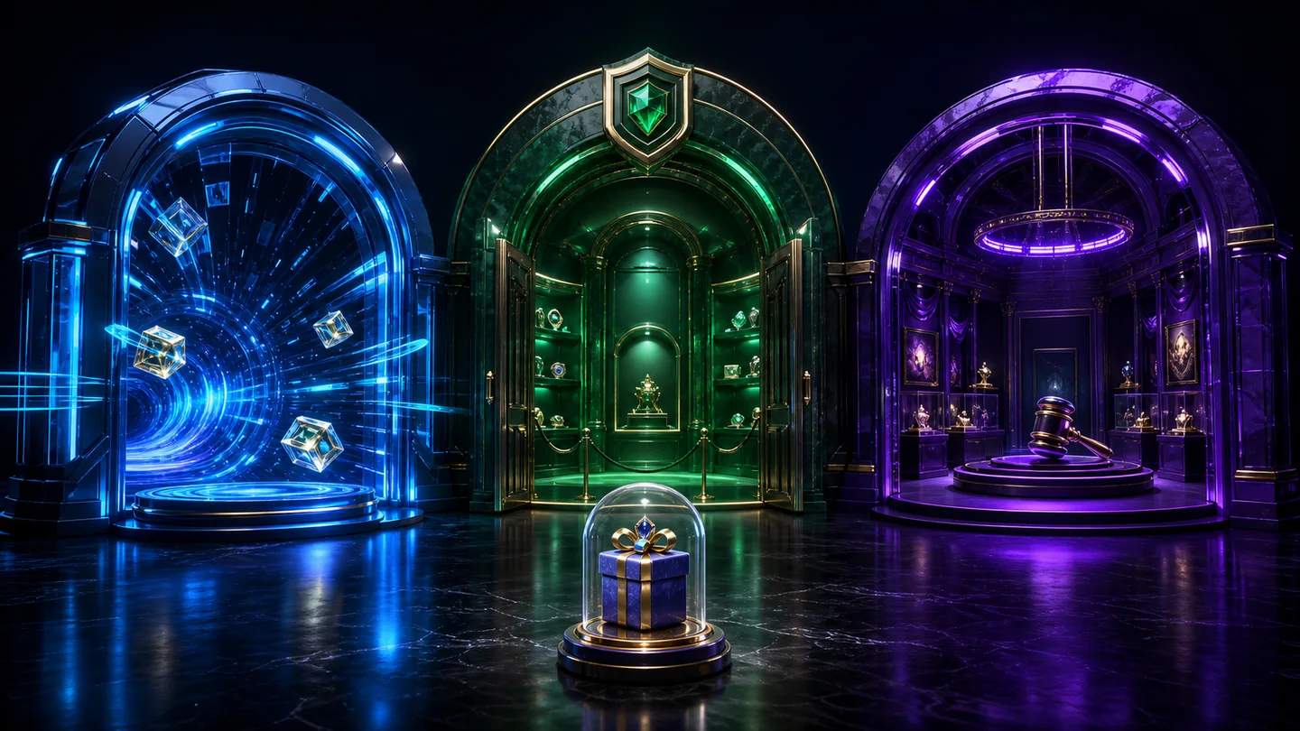 Three distinct blue, green and violet marketplace portals with a collectible gift in front