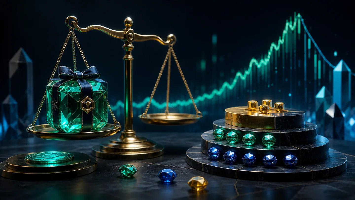 A crystal gift on a balance scale beside layered fee tokens and a market curve