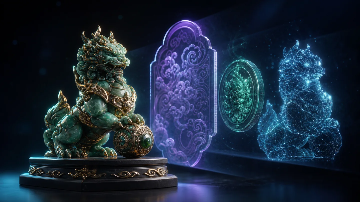 A collectible sculpture with model, backdrop and symbol layers revealed behind it