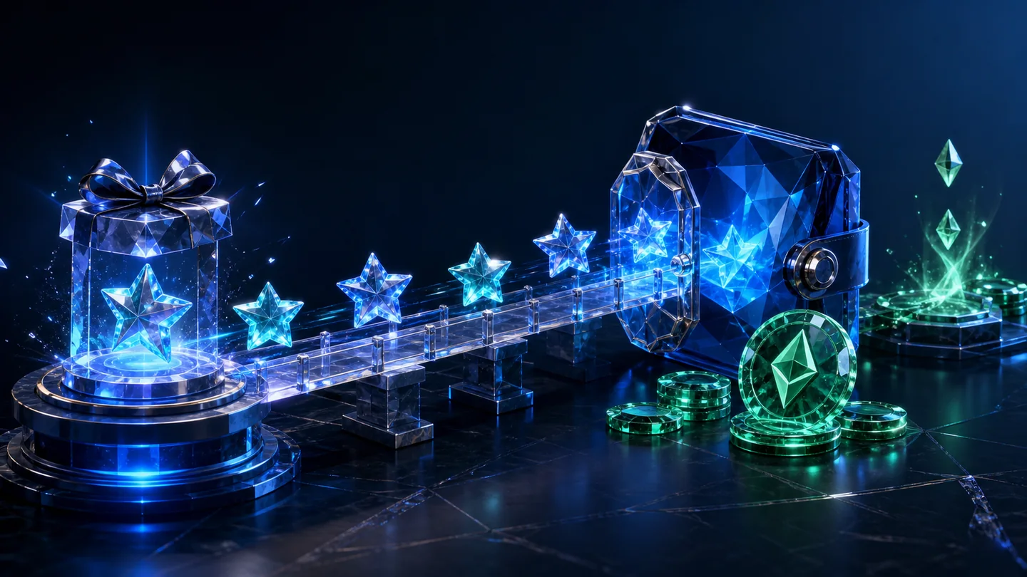 Glowing star tokens crossing a transparent bridge from a gift pedestal to a secure wallet vault