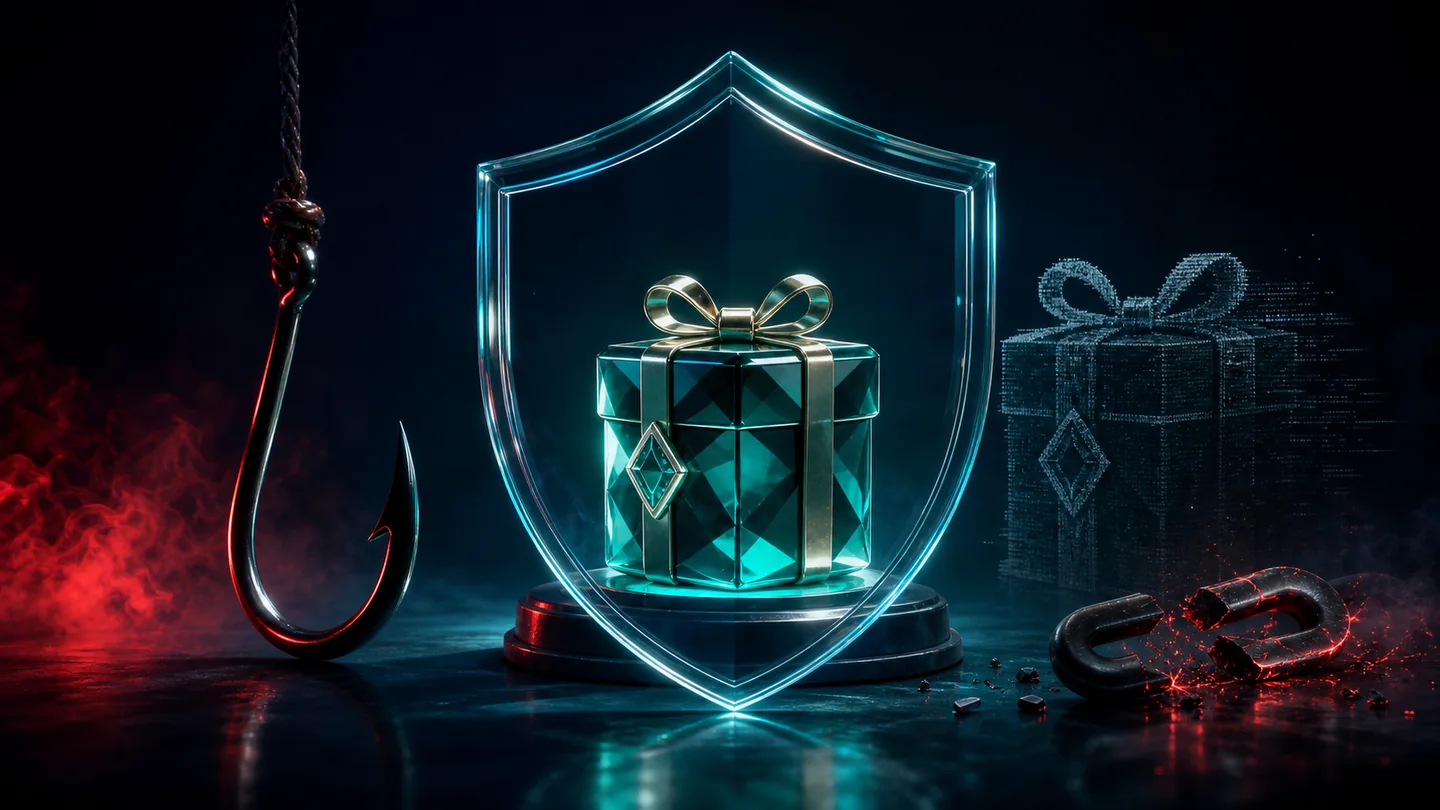 A crystal collectible gift protected by a glass shield from a phishing hook, counterfeit and broken link