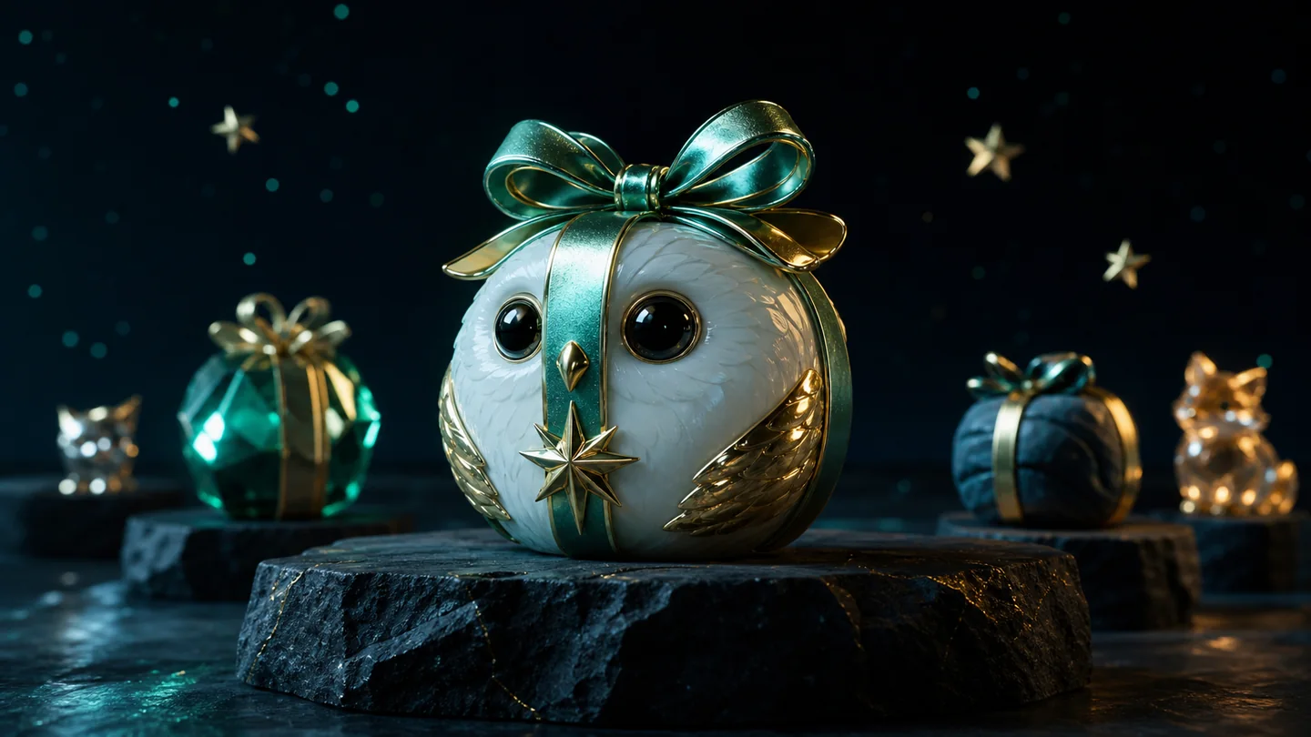 A jewel-like owl collectible gift displayed on a dark pedestal with smaller gifts behind it
