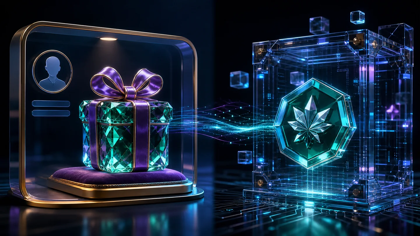A collectible gift in a profile display case connected to an on-chain token in a transparent vault